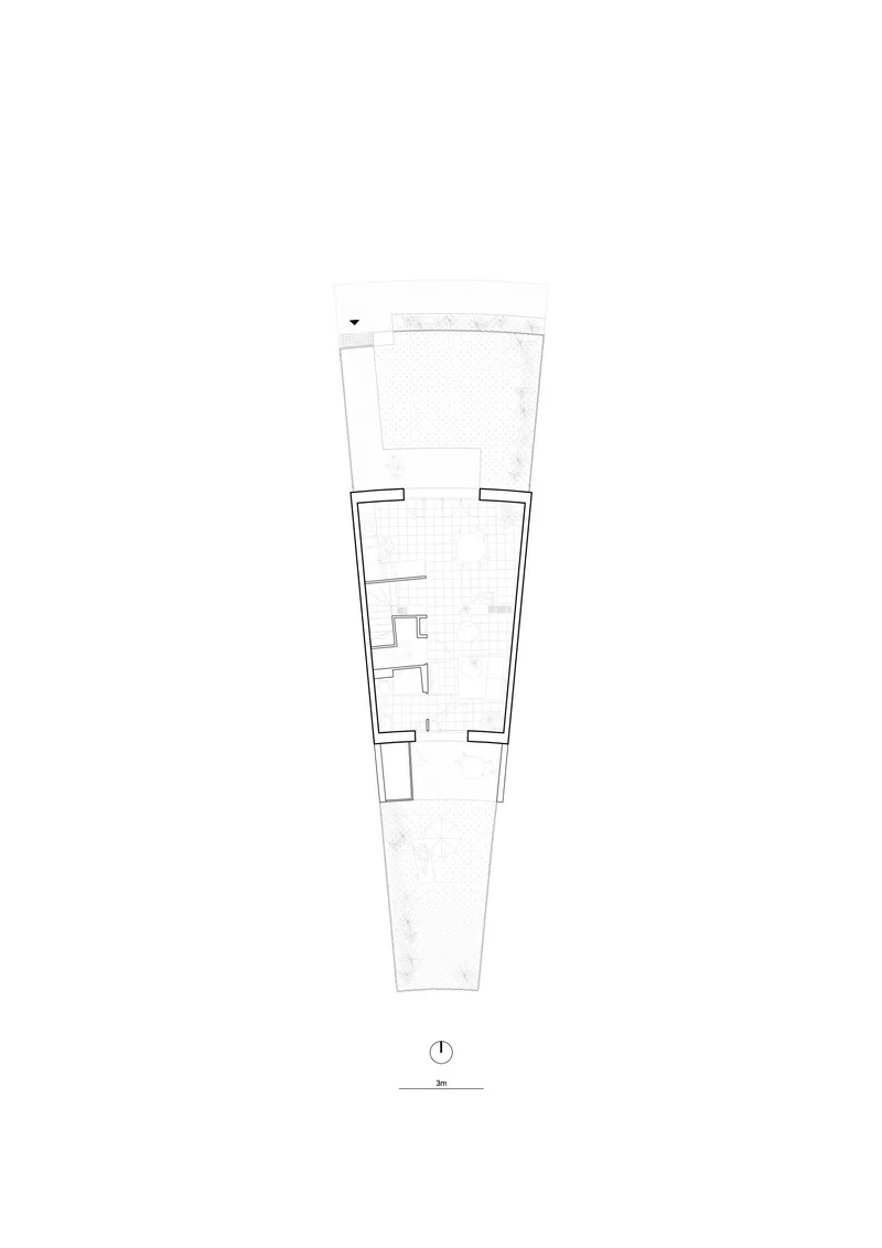 Floor plan drawing showing an elongated unit with terraces at both ends and interior partition walls