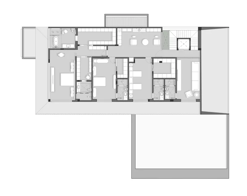 Upper floor plan showing bedroom suites and open living spaces with pool terrace