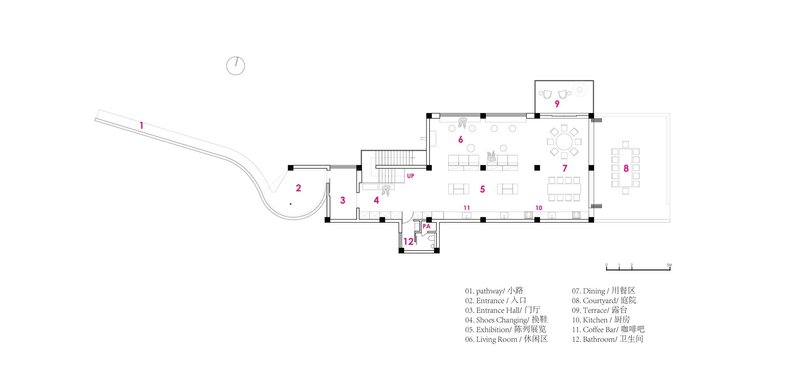 Floor plan drawing showing the public spaces radiating from a central stair and entrance hall