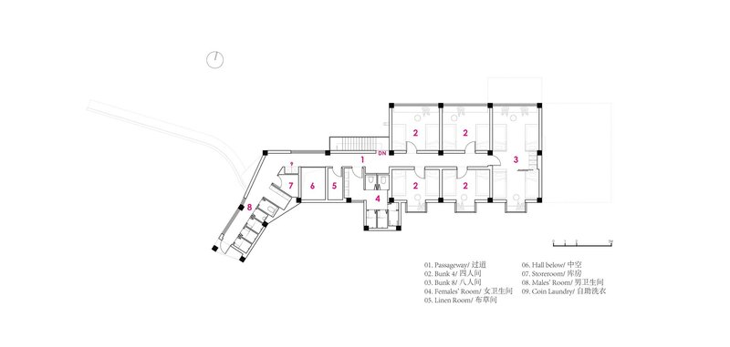 Floor plan drawing showing the dormitory wing with multiple sleeping rooms along a corridor