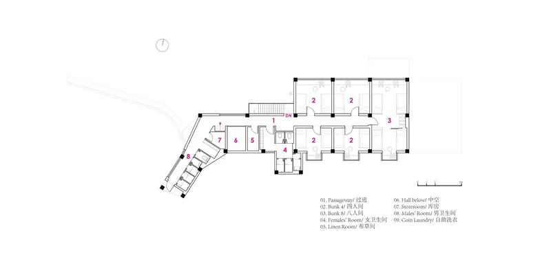 Floor plan drawing showing the dormitory wing with multiple sleeping rooms along a corridor