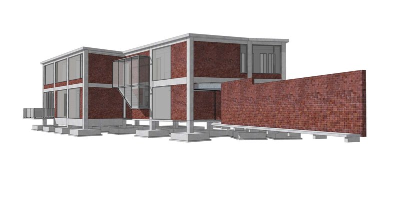 Axonometric drawing showing the two-story structure with red brick panels and gray framing on concrete piers