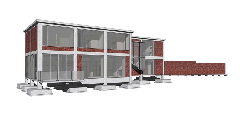 Axonometric drawing revealing interior rooms through glazed facades alternating with red brick infill panels