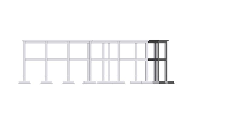 Elevation drawing showing the structural frame with raised floor and one darkened end volume