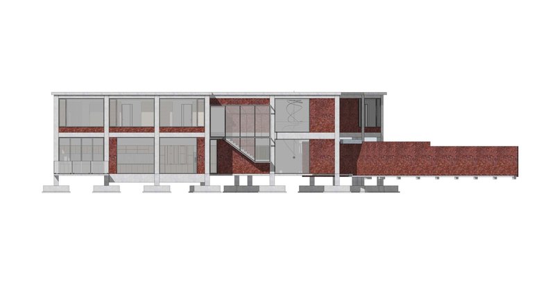 Section drawing showing the interior arrangement with red brick cladding and white structural frame system