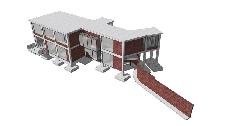 Axonometric drawing from above displaying the flat roof and angled brick ramp extending from the structure