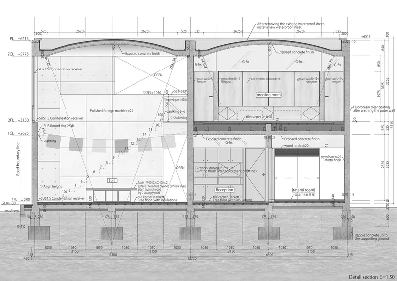 Building section drawing with material annotations showing a double-height hall space flanked by smaller rooms