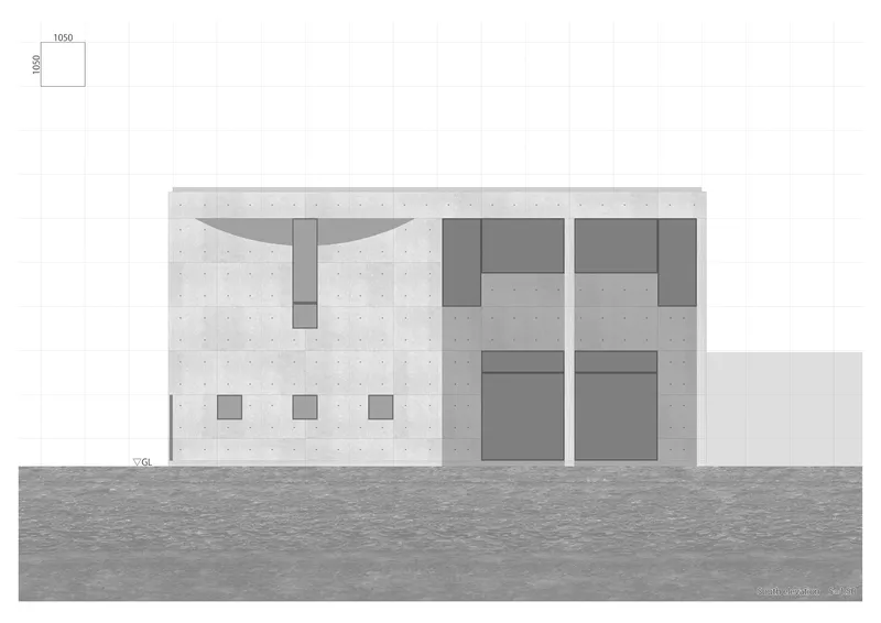 Elevation drawing showing concrete facade with curved canopy, rectangular windows and gridded pavement below
