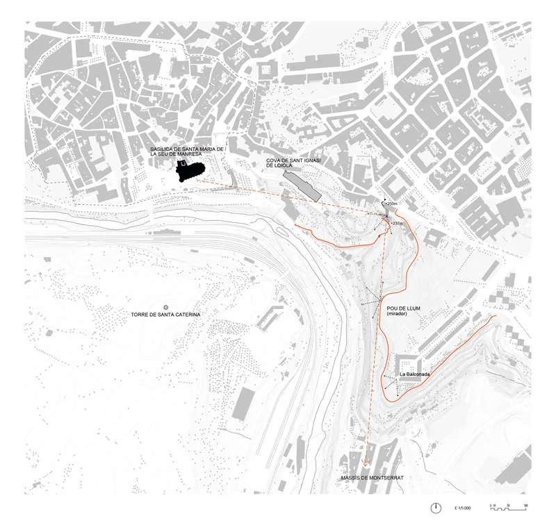 Site plan drawing showing a path traced in orange connecting labeled landmarks across topographic contours