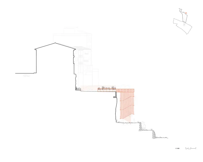 Section drawing revealing the structure stepping down a sloped site with integrated landscaping