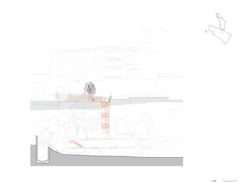 Longitudinal section drawing showing multiple floor levels cascading across the hillside terrain with trees