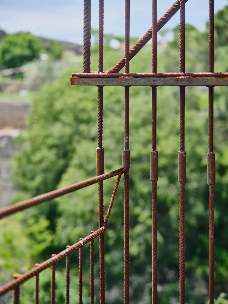 Detail of rebar junction with threaded couplers connecting vertical and diagonal members framed by vegetation