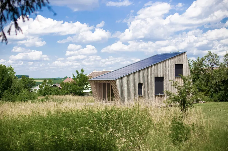Side view of the sloped roof and timber facade through tall summer grasses