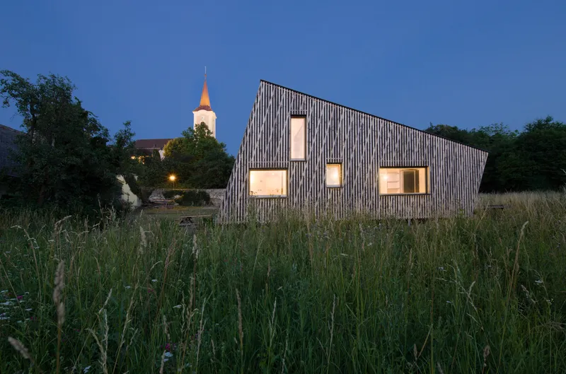 Vertical timber-clad facade with scattered windows illuminated at dusk behind a wildflower meadow