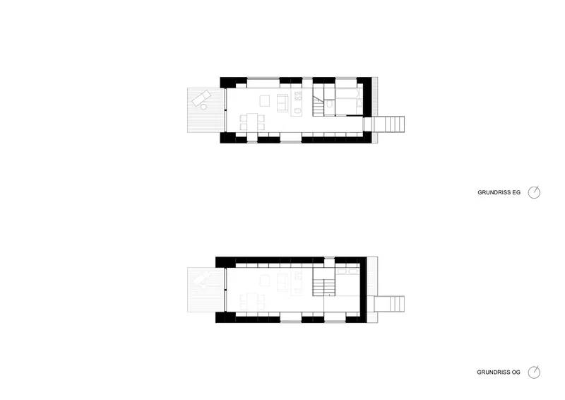 Two-level floor plan drawings showing an open-plan living space with staircase and terrace