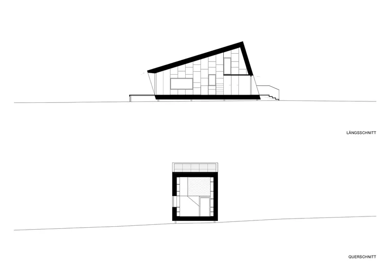 Longitudinal and transverse section drawings revealing the sloped roof and interior spatial arrangement