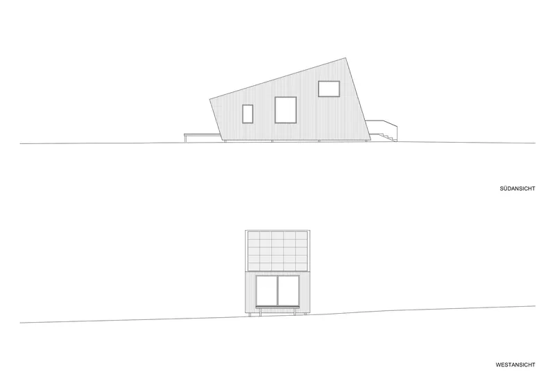 South and west elevation drawings showing the angled facade with vertical cladding and window openings