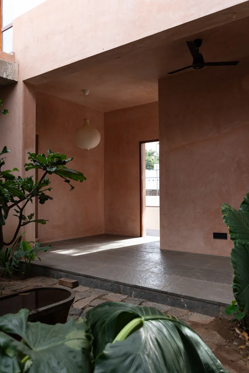 Pink rendered entrance threshold with elevated floor plane flanked by potted plants in morning light