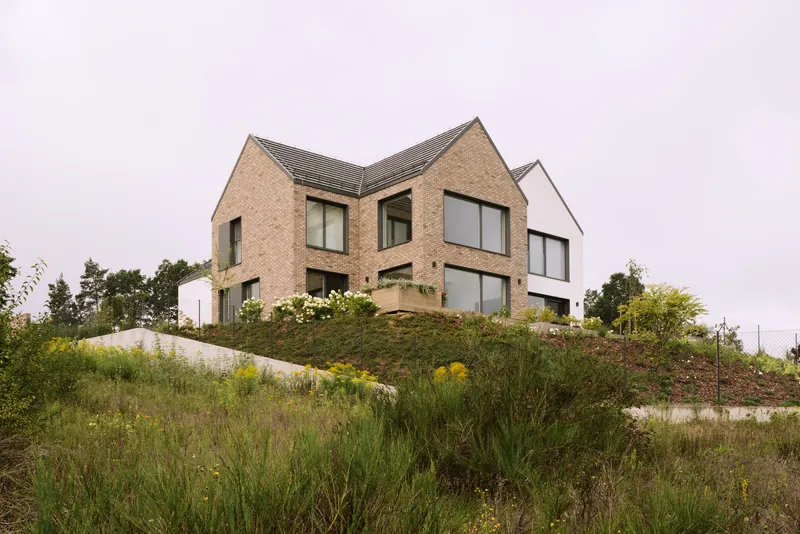 Rear view of the brick and rendered volumes rising from a sloped wildflower meadow under overcast sky
