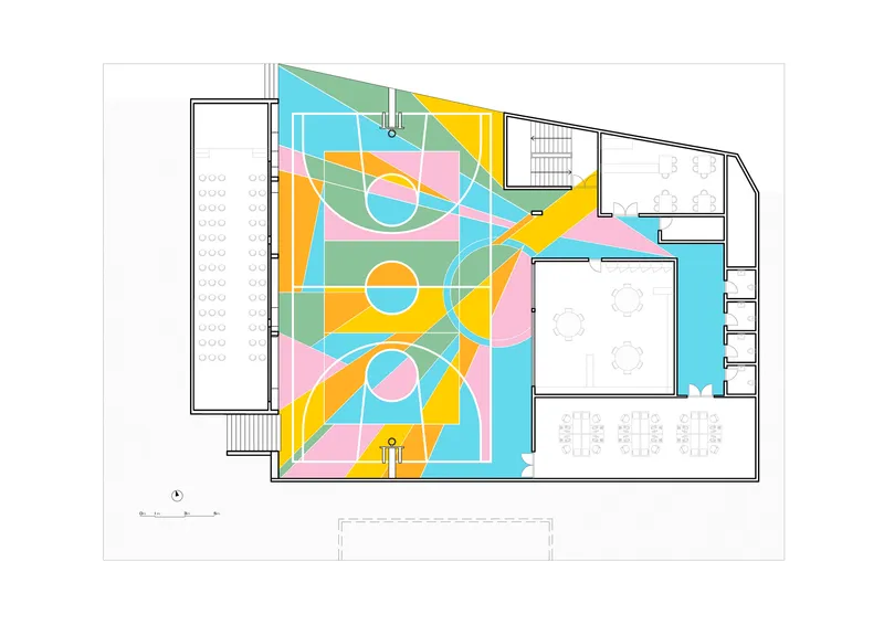 Floor plan drawing showing the courtyard layout with basketball markings and adjacent classroom spaces