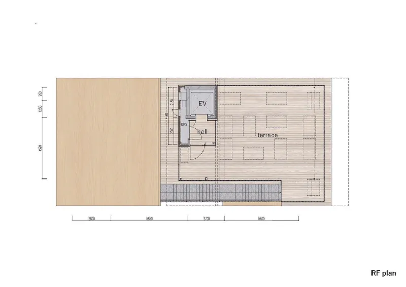 Roof plan drawing showing a large terrace with decking and a stair descending to the level below