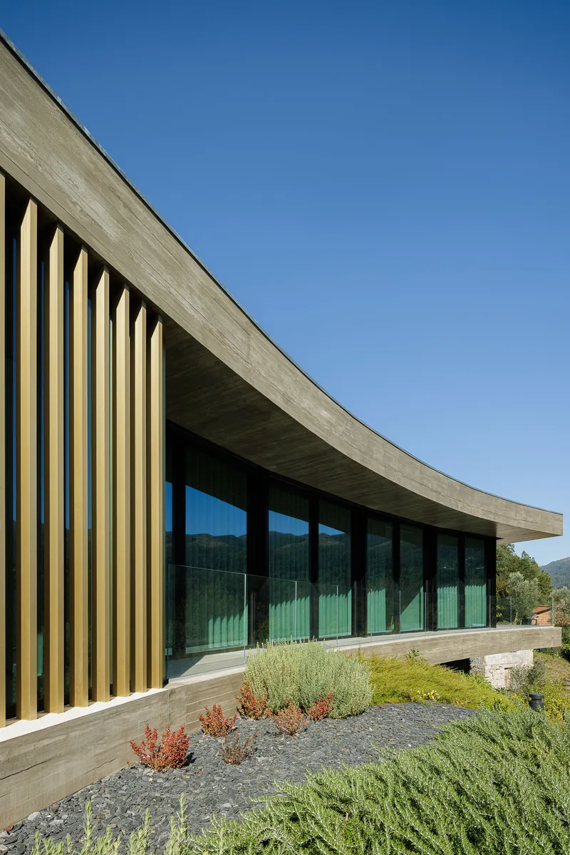 Curved concrete roof overhang above full-height glazing and timber screen with planted gravel bed