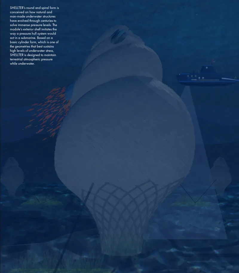 The shell-inspired module uses curved geometry to resist underwater pressure while shaping a protective living environment.