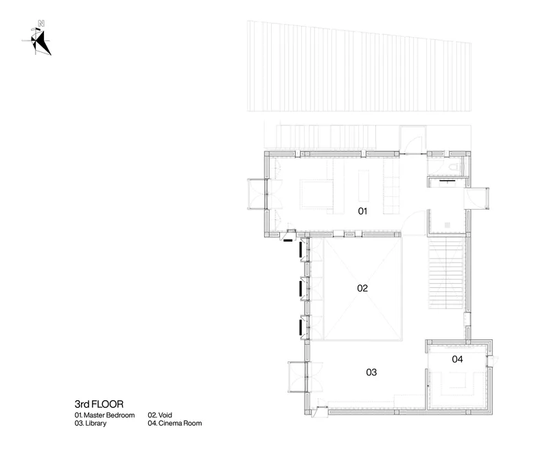 Third floor plan showing four rooms including a master bedroom, void, library and cinema room