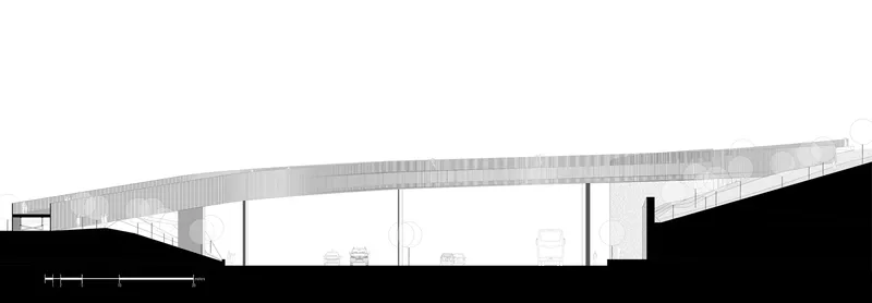 Longitudinal section drawing showing the bridge profile rising over roadway and sloping terrain