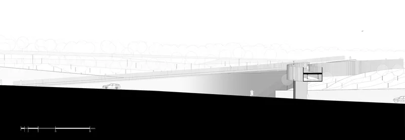 Cross section drawing showing the bridge deck elevation relative to adjacent retaining walls and street level