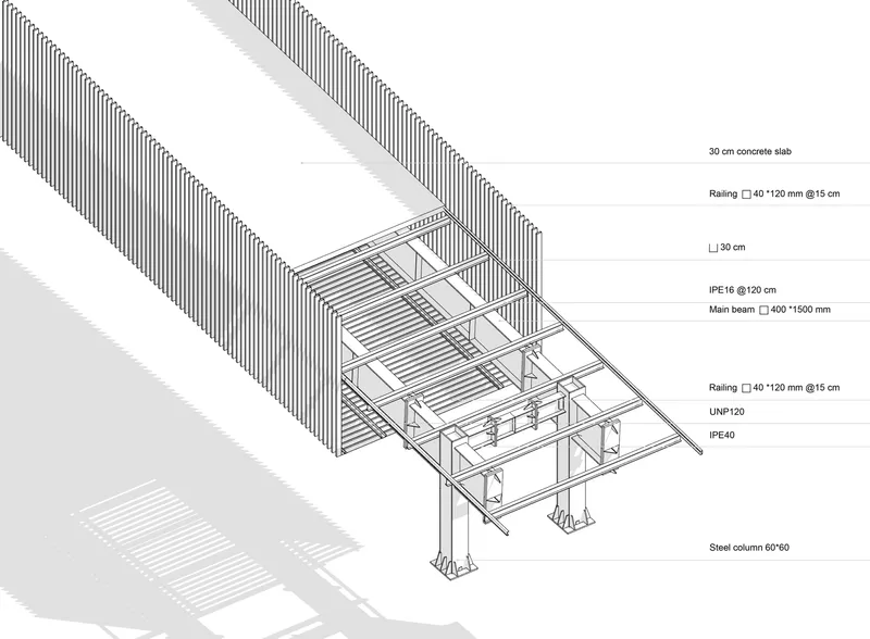 Axonometric drawing revealing the steel frame structure with main beams, railing, and concrete slab assembly