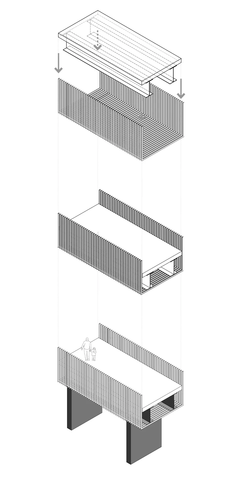Exploded isometric drawing demonstrating the assembly sequence of corrugated wall panels, roof slab, and base elements