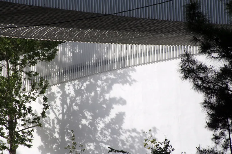 Tree shadow patterns cast across the white vertical screen wall with slatted canopy overhead