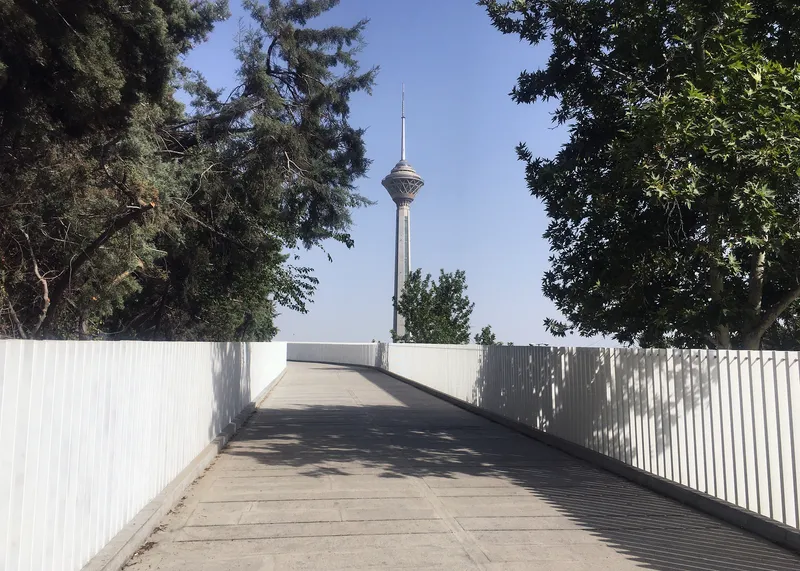 Curved bridge deck with white slatted railings framing a distant telecommunications tower under clear sky