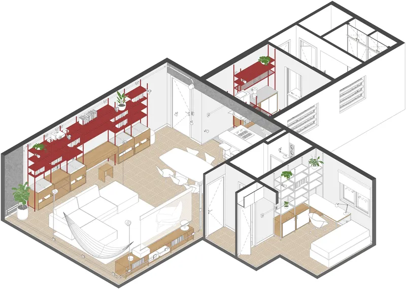 Axonometric cutaway drawing revealing the interior layout with shelving partitions and furnished rooms