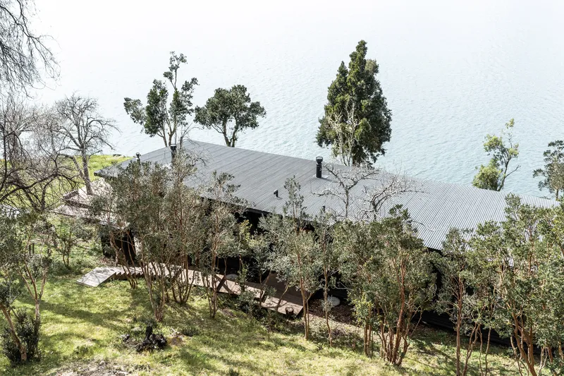 Aerial view of corrugated metal roof nestled among trees on a grassy slope above the lake
