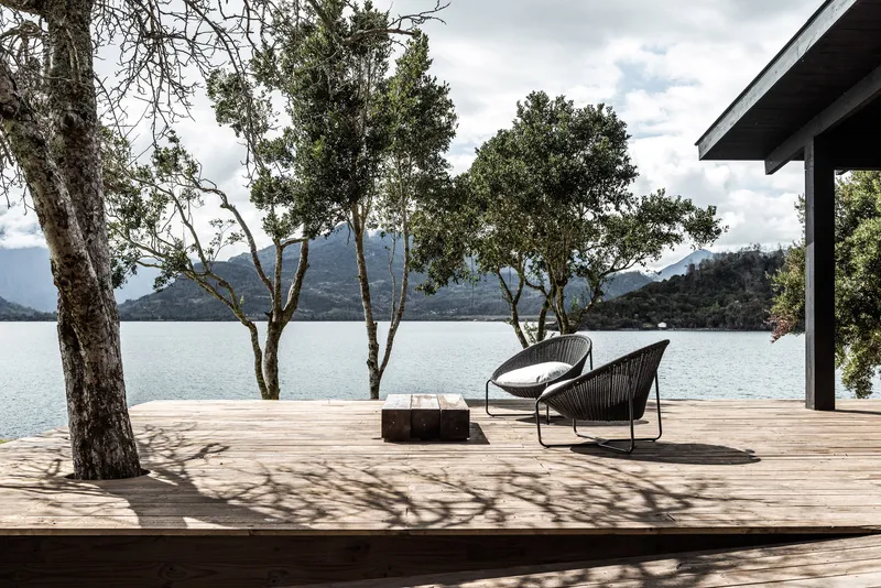Wooden deck with existing trees growing through the platform and lounge seating facing the water