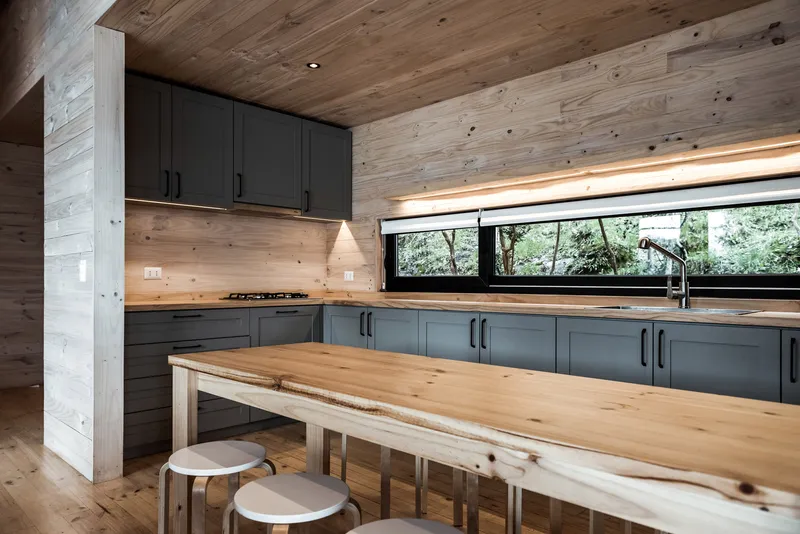 Kitchen interior with charcoal cabinets, timber ceiling and horizontal window framing forest views
