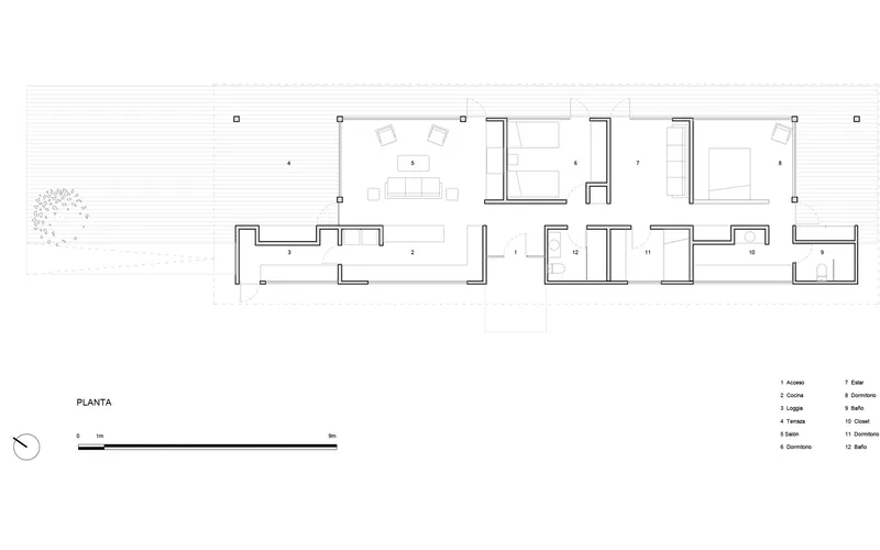 Floor plan drawing showing living areas, bedrooms and bathrooms in a narrow rectangular layout