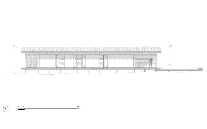 Elevation drawing showing raised volume on columns with timber cladding and flat roof overhang