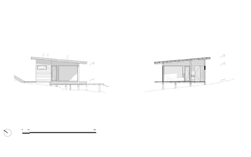 Section drawings showing the structure elevated on posts following the sloped terrain