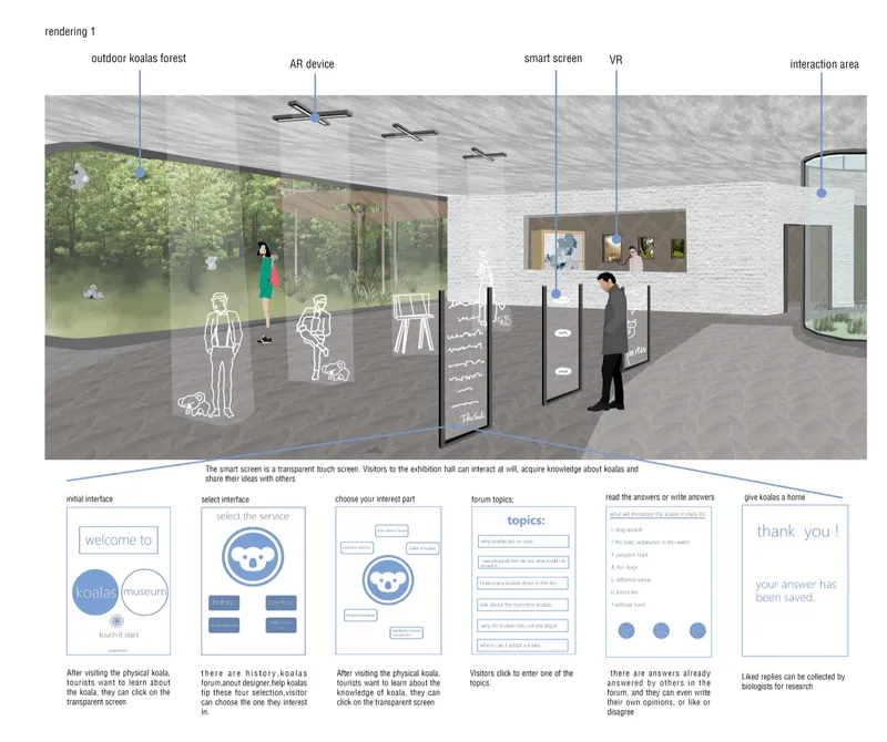 Immersive exhibition interiors use VR and interactive technology to educate visitors about koala conservation and environmental recovery.