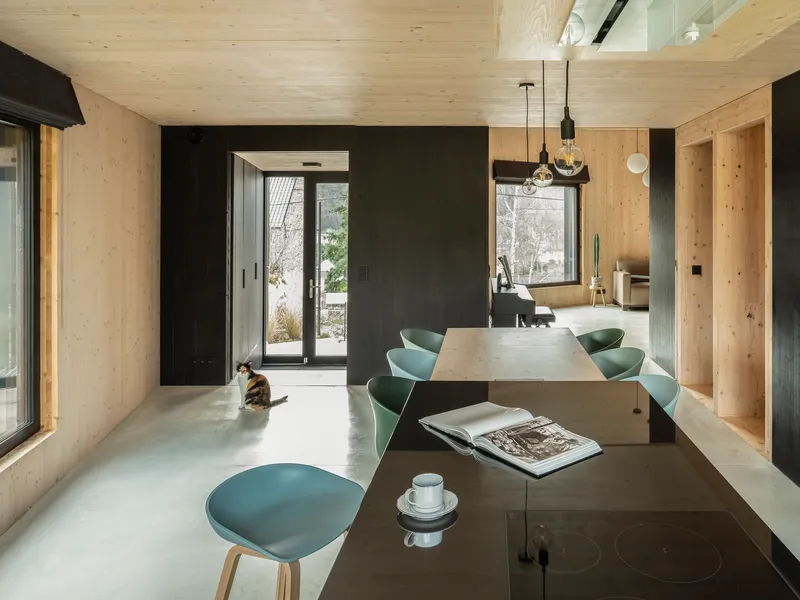 Dining and kitchen space with polished concrete floor and a cat sitting in winter sunlight