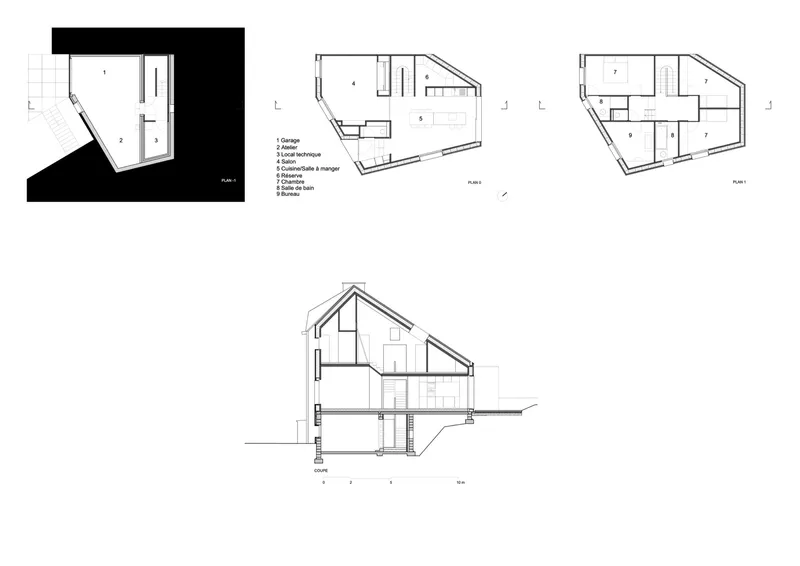 Floor plans and sectional drawing illustrating the multi-level layout within the angled envelope