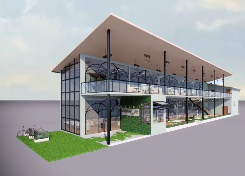 Exterior perspective showcasing Rhythmus, where contemporary cafe architecture blends transparent facades, lush greenery, and Vienna-inspired design elements.