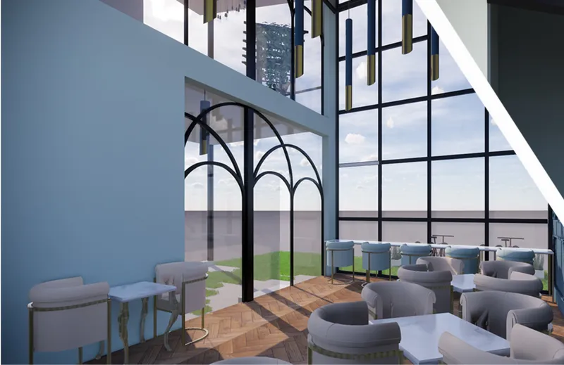 Natural light floods the interior through expansive glazing, creating a bright and comfortable environment for guests.