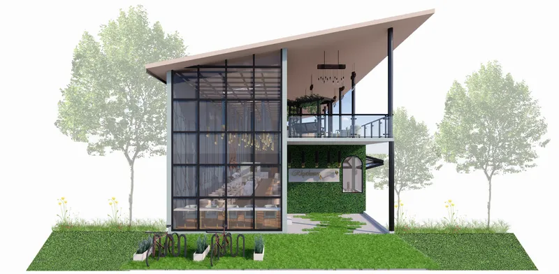Front elevation showcasing the fusion of Modernist simplicity and Baroque-inspired detailing within a contemporary café design.