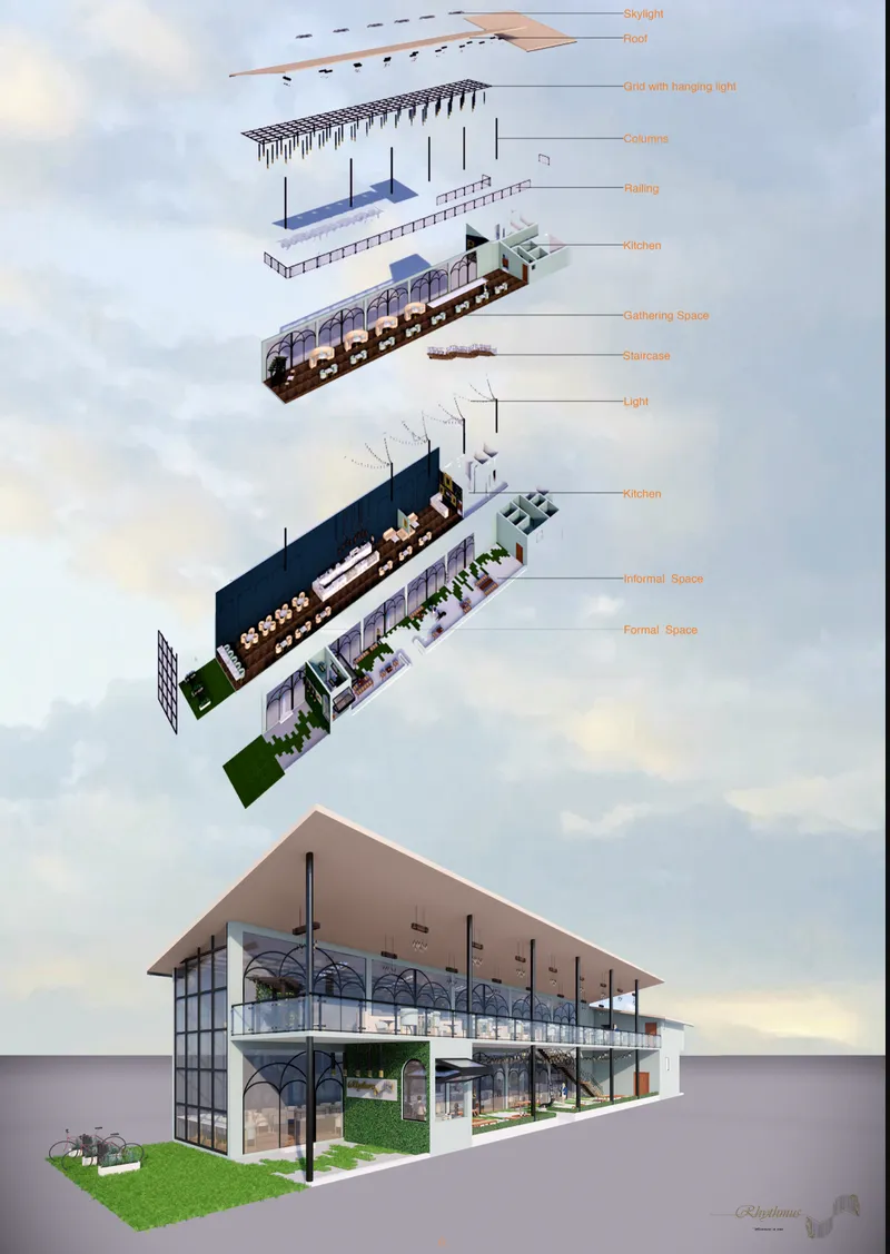 Exploded architectural view illustrating the layered organization of Rhythmus, revealing its structural, spatial, and functional components.