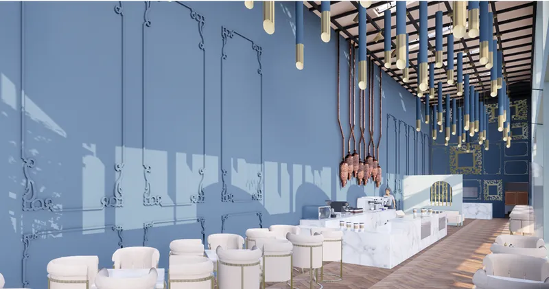 A double-height formal seating area inspired by Baroque elegance, enriched with decorative details and warm ambient lighting.