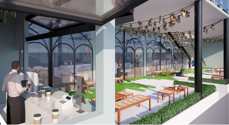 The takeaway counter connects indoor and outdoor experiences, serving commuters while maintaining visual engagement with the café.